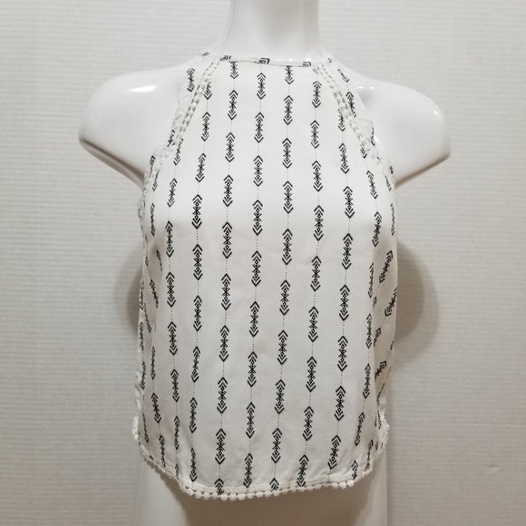 Mudd top XS geometric Aztec tribal print sleeveless crochet inset pom trim - Picture 1 of 12